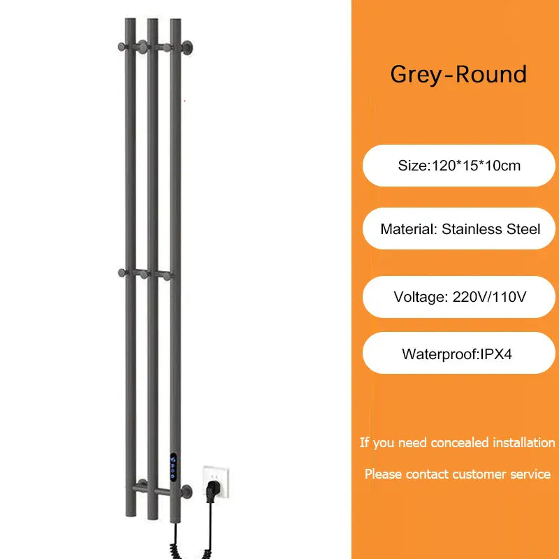 Sèche-serviettes électrique salle de bains 220V EU / Gris-Tube Rond