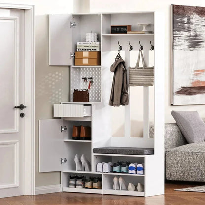 White Compact Wardrobe Set Hallway Wardrobe with Bench 4 Hooks Doors Drawers 100×180×35 cm W×H×H