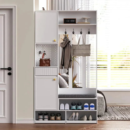 White Compact Wardrobe Set Hallway Wardrobe with Bench 4 Hooks Doors Drawers 100×180×35 cm W×H×H