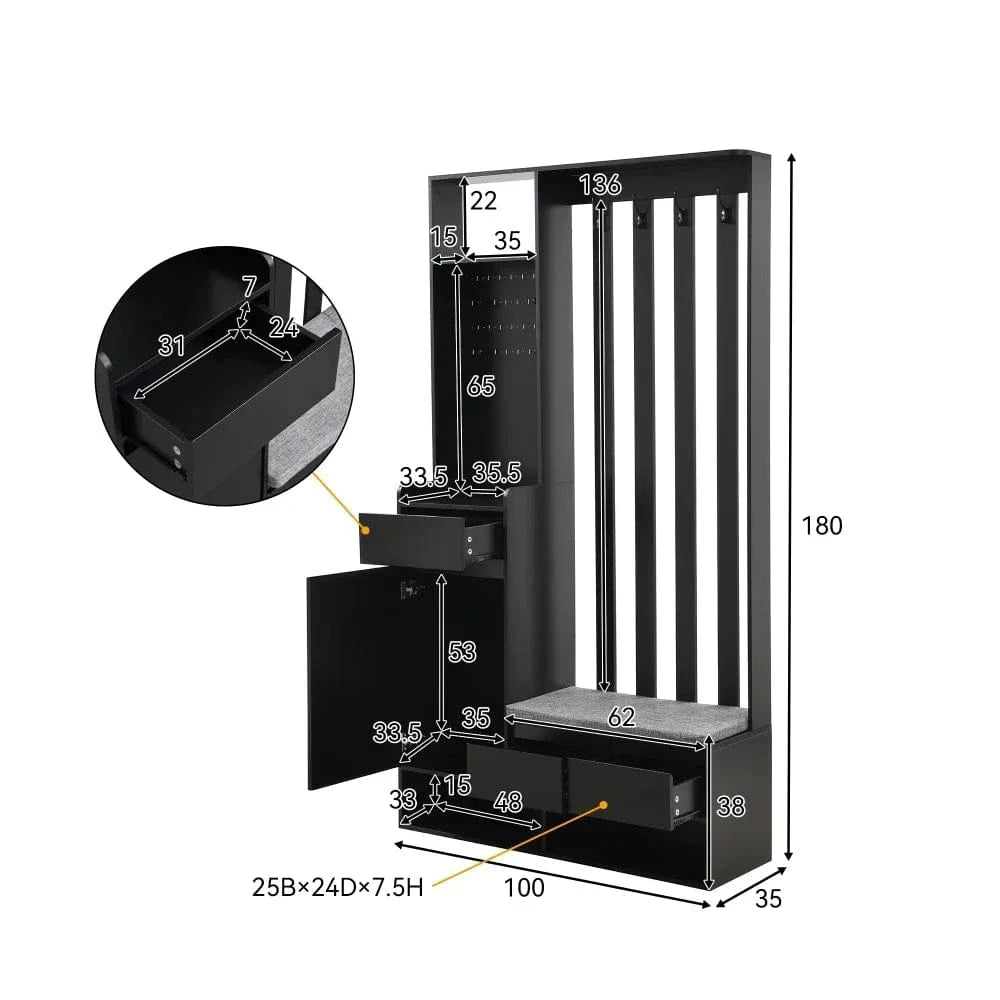 White Compact Wardrobe Set Hallway Wardrobe with Bench 4 Hooks Doors Drawers 100×180×35 cm W×H×H