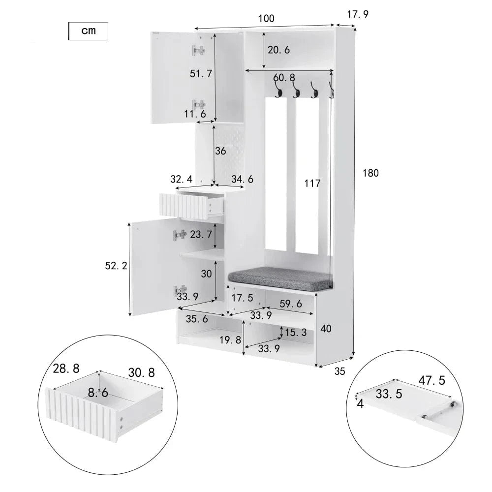 White Compact Wardrobe Set Hallway Wardrobe with Bench 4 Hooks Doors Drawers 100×180×35 cm W×H×H