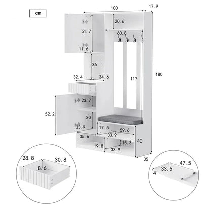 White Compact Wardrobe Set Hallway Wardrobe with Bench 4 Hooks Doors Drawers 100×180×35 cm W×H×H