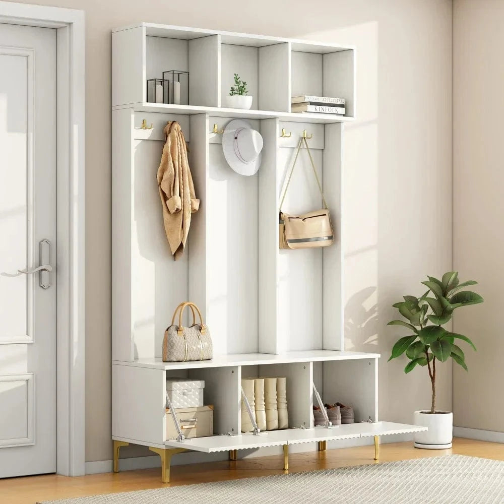 White Compact Wardrobe Set Hallway Wardrobe with Bench 4 Hooks Doors Drawers 100×180×35 cm W×H×H GERMANY / white 1