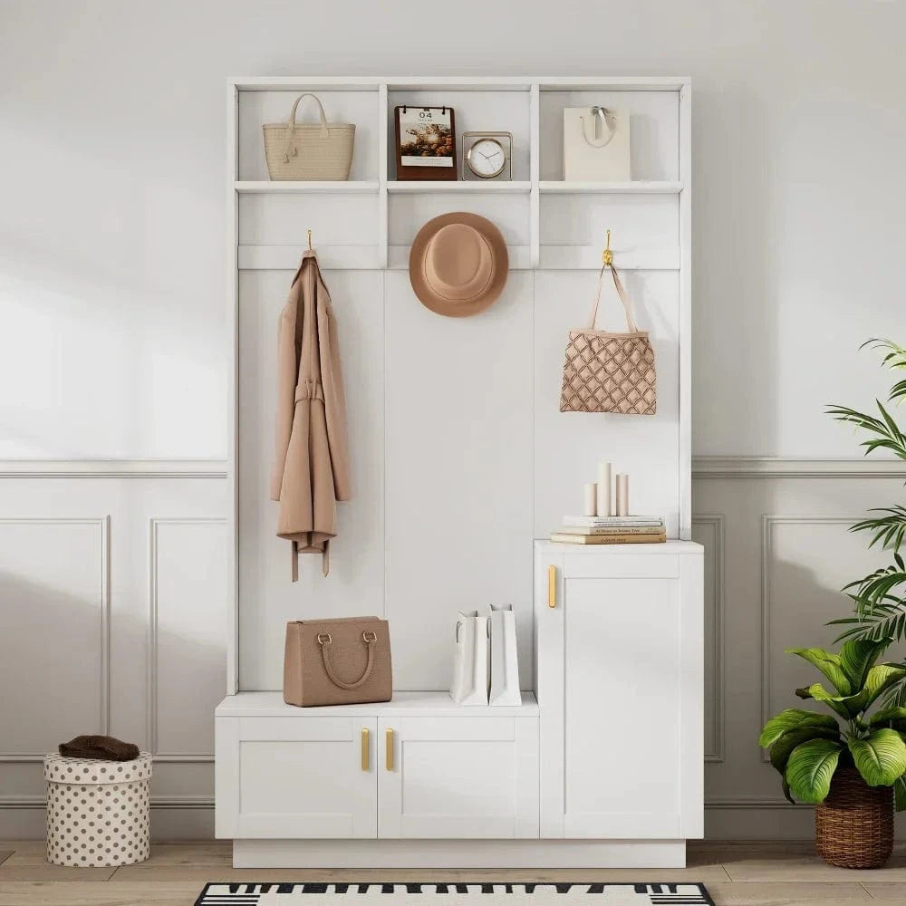 White Compact Wardrobe Set Hallway Wardrobe with Bench 4 Hooks Doors Drawers 100×180×35 cm W×H×H GERMANY / white 2