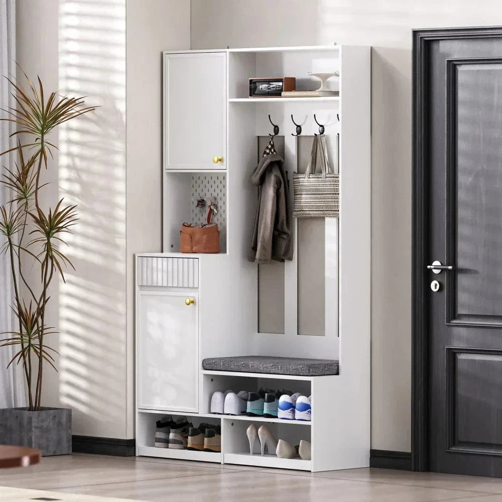White Compact Wardrobe Set Hallway Wardrobe with Bench 4 Hooks Doors Drawers 100×180×35 cm W×H×H GERMANY / white 3