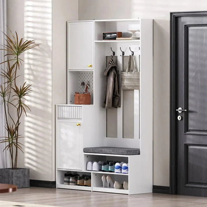 White Compact Wardrobe Set Hallway Wardrobe with Bench 4 Hooks Doors Drawers 100×180×35 cm W×H×H GERMANY / white 3