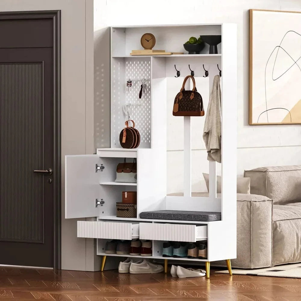 White Compact Wardrobe Set Hallway Wardrobe with Bench 4 Hooks Doors Drawers 100×180×35 cm W×H×H GERMANY / white 4