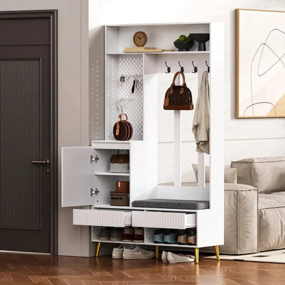White Compact Wardrobe Set Hallway Wardrobe with Bench 4 Hooks Doors Drawers 100×180×35 cm W×H×H GERMANY / white 4