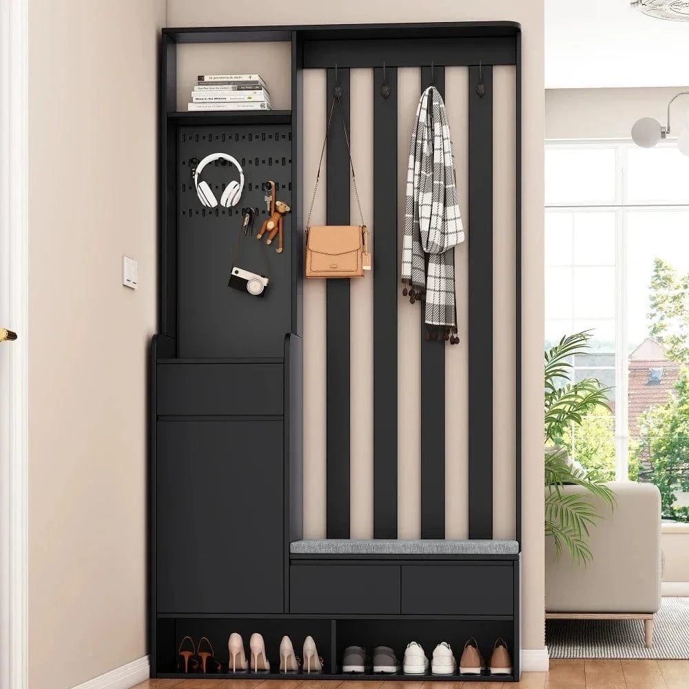 White Compact Wardrobe Set Hallway Wardrobe with Bench 4 Hooks Doors Drawers 100×180×35 cm W×H×H GERMANY / black 1