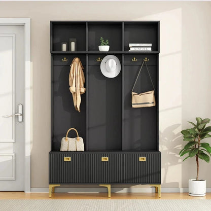 White Compact Wardrobe Set Hallway Wardrobe with Bench 4 Hooks Doors Drawers 100×180×35 cm W×H×H GERMANY / black 2