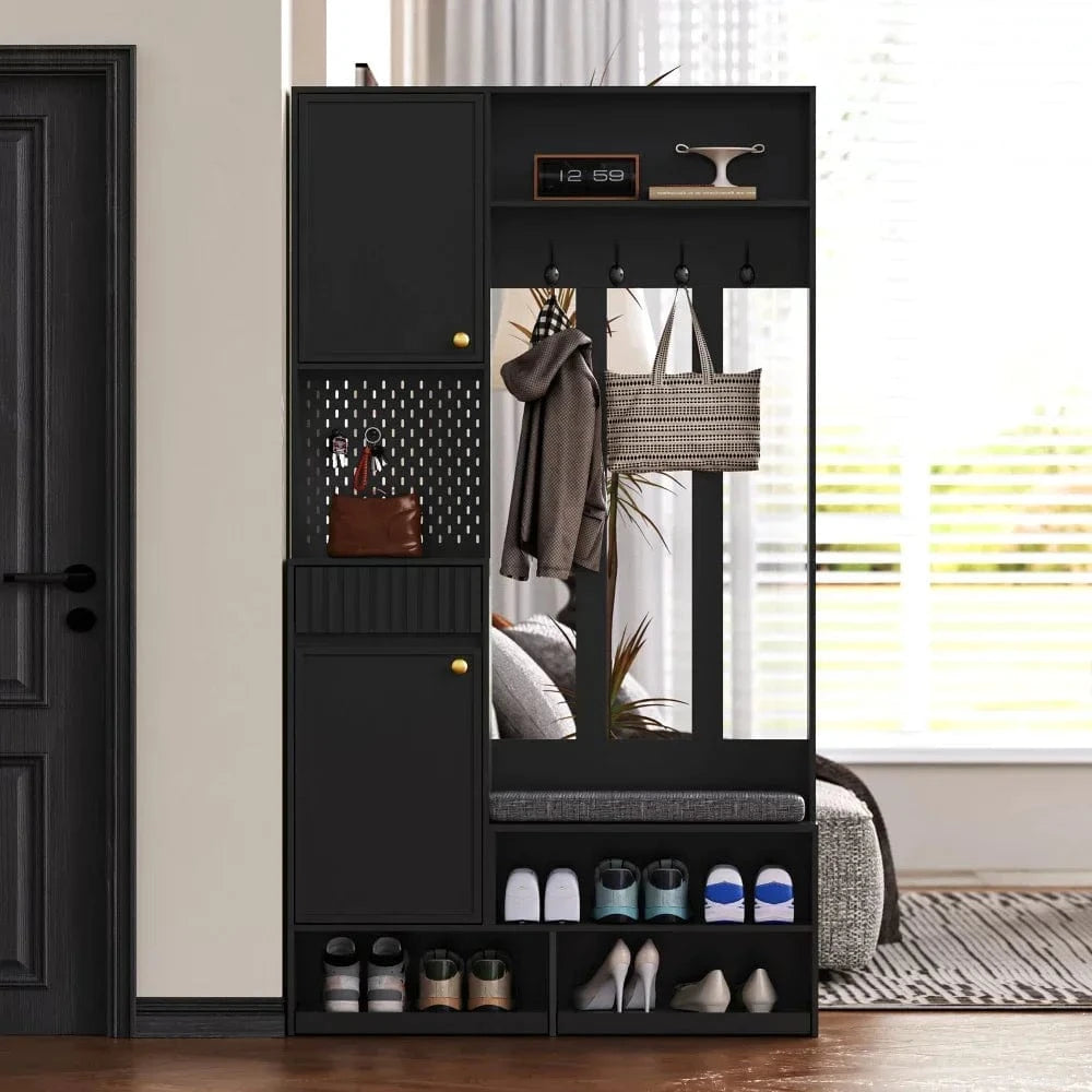 White Compact Wardrobe Set Hallway Wardrobe with Bench 4 Hooks Doors Drawers 100×180×35 cm W×H×H GERMANY / black 4