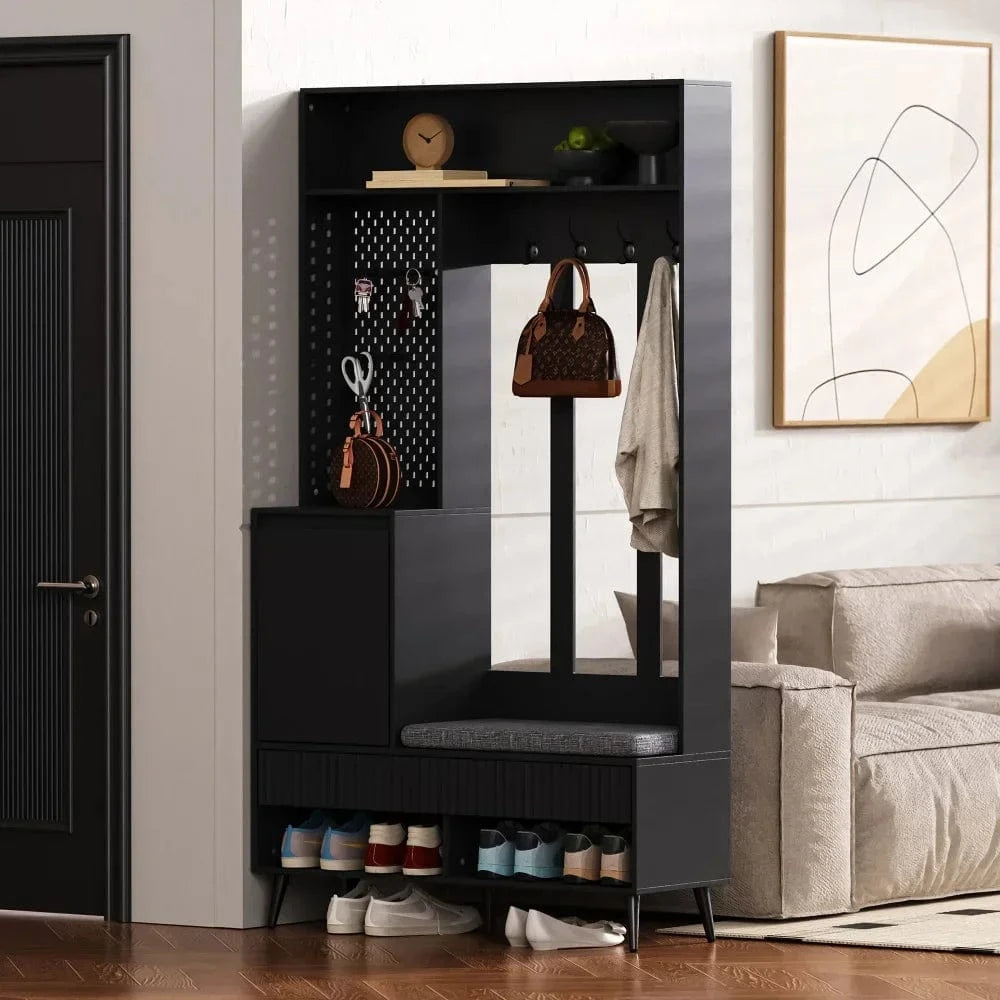 White Compact Wardrobe Set Hallway Wardrobe with Bench 4 Hooks Doors Drawers 100×180×35 cm W×H×H GERMANY / black 5