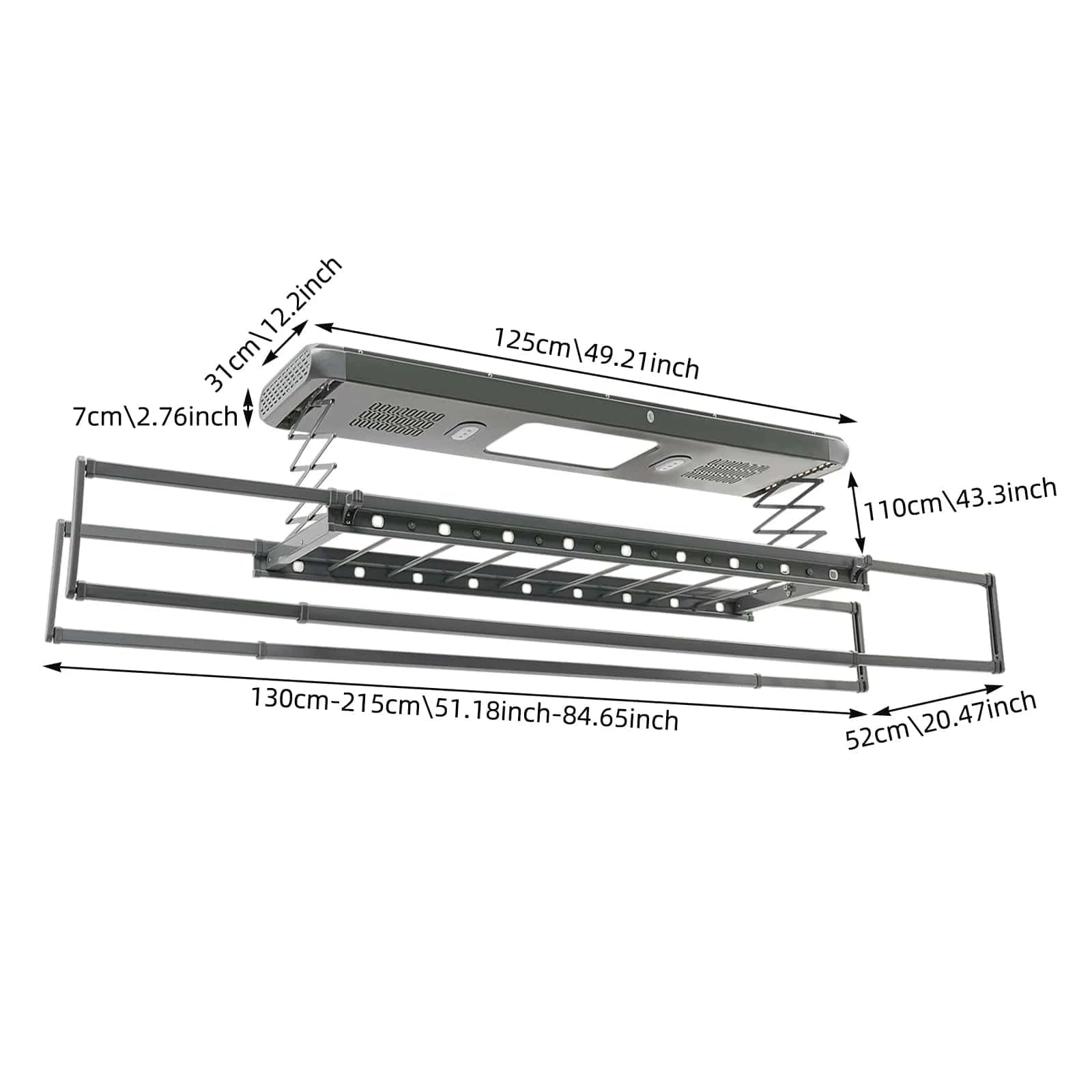 Séchoir plafond électrique avec télécommande, LED et ventilation Gris