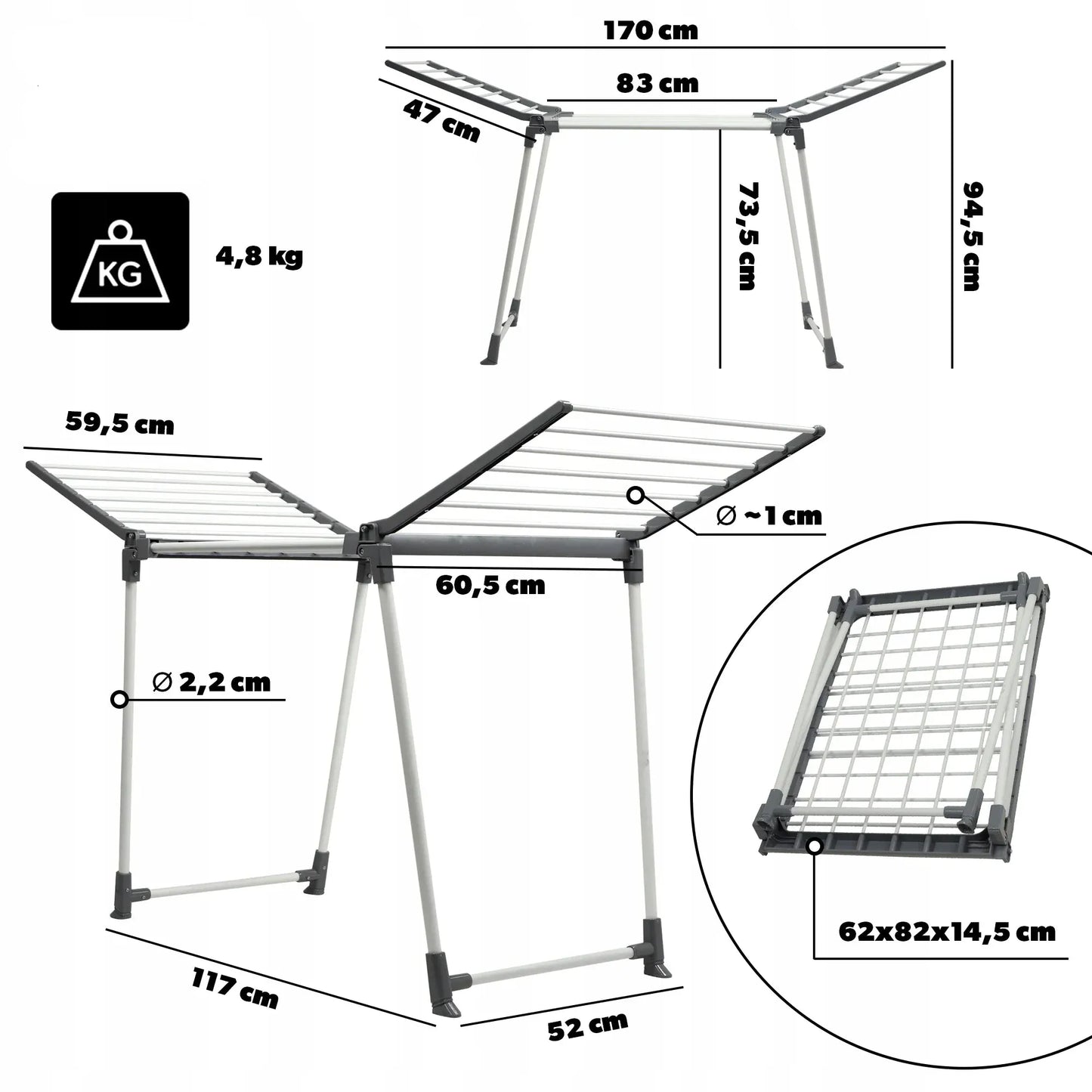Séchoir balcon avec pied pour vêtements pliants - Séchoir pratique Blanc