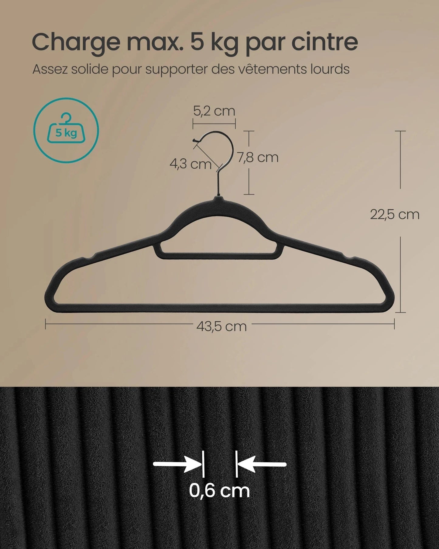 SONGMICS 50 Cintres en Velours, Antiglisse, avec Barre à Cravate et Crochet Pivotant à 360°, Épaisseur 0,6 cm, Gain de Place