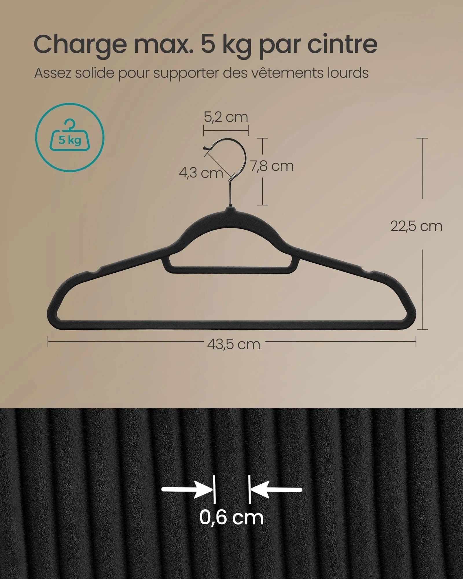 SONGMICS 50 Cintres en Velours, Antiglisse, avec Barre à Cravate et Crochet Pivotant à 360°, Épaisseur 0,6 cm, Gain de Place