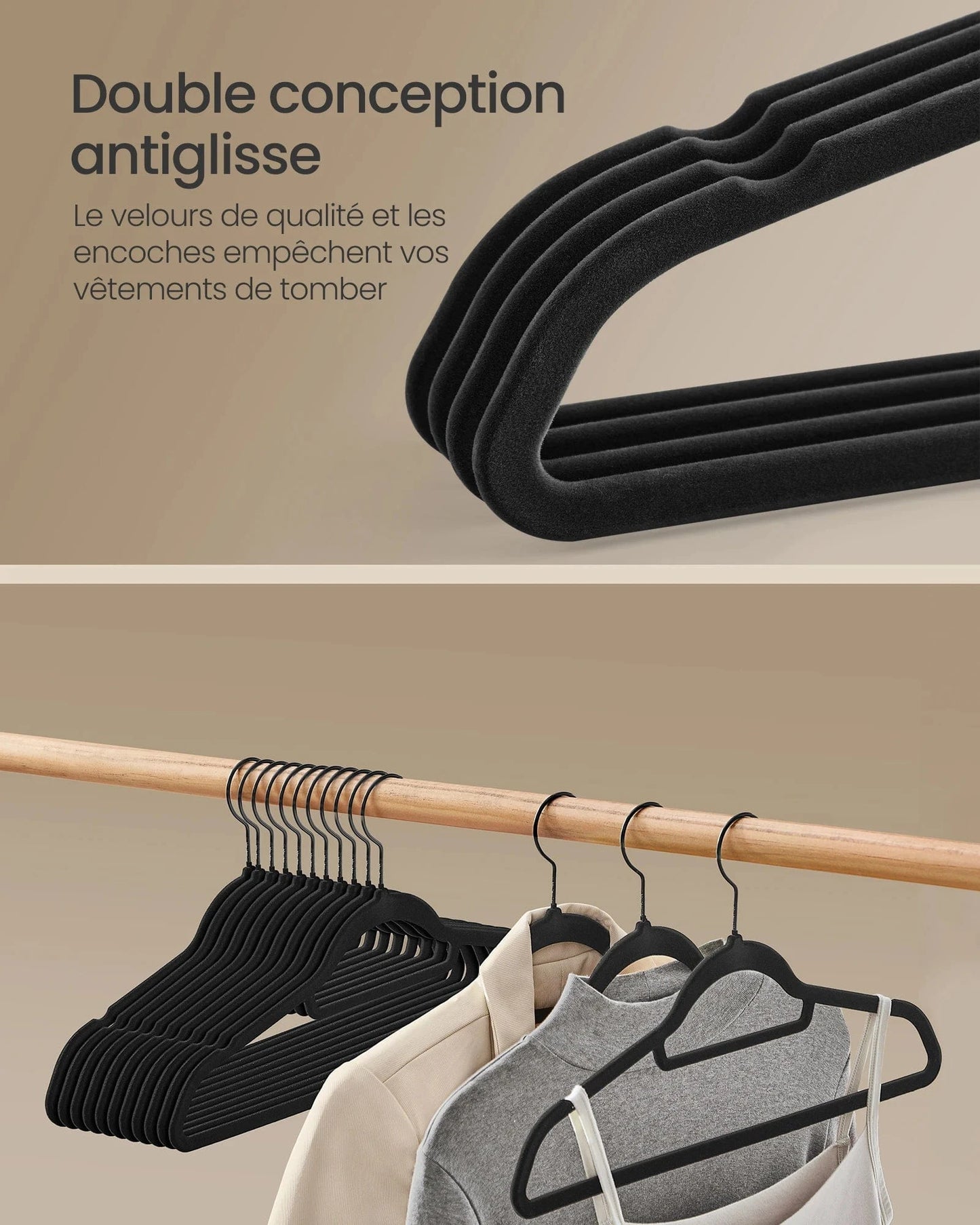 SONGMICS 50 Cintres en Velours, Antiglisse, avec Barre à Cravate et Crochet Pivotant à 360°, Épaisseur 0,6 cm, Gain de Place