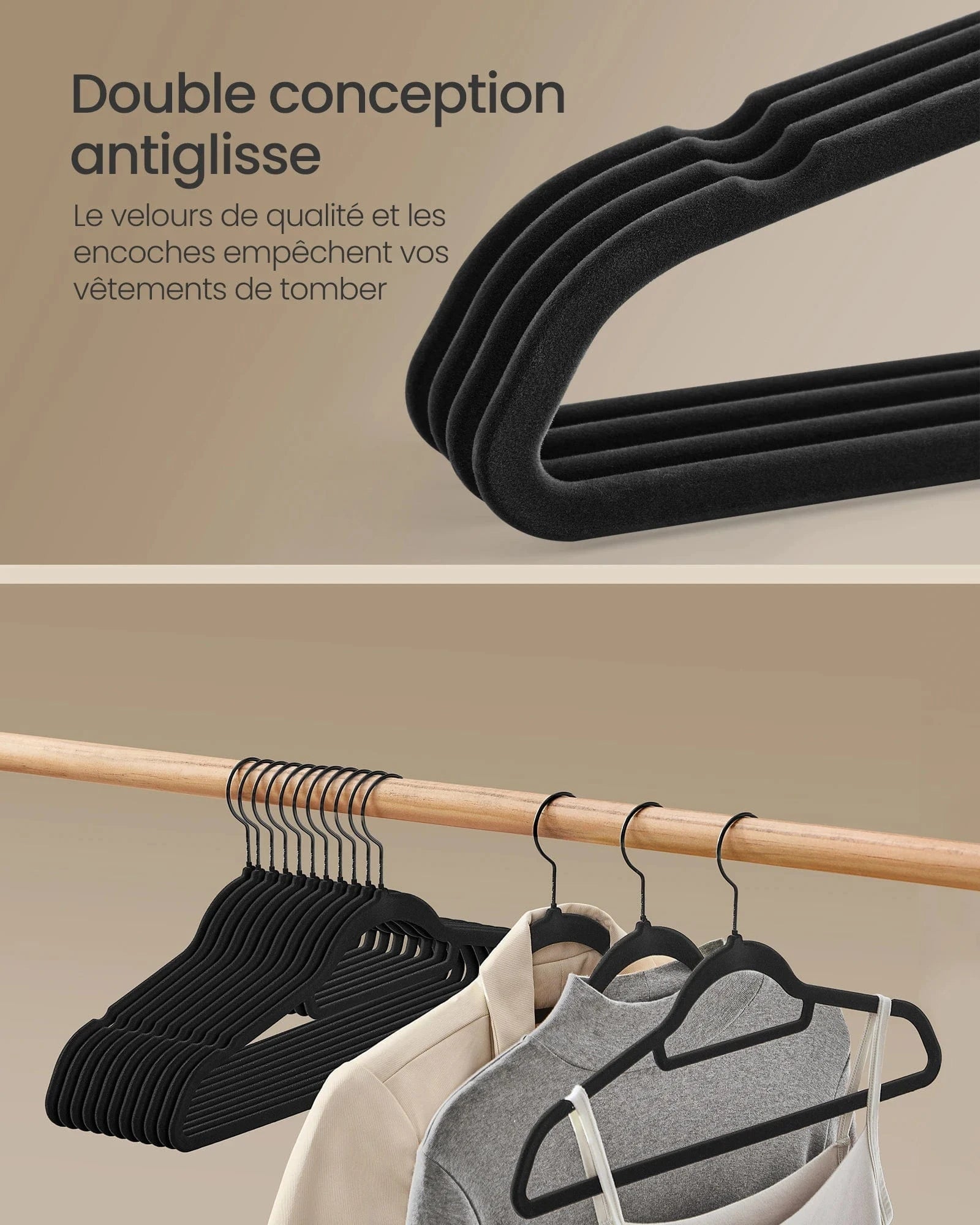 SONGMICS 50 Cintres en Velours, Antiglisse, avec Barre à Cravate et Crochet Pivotant à 360°, Épaisseur 0,6 cm, Gain de Place