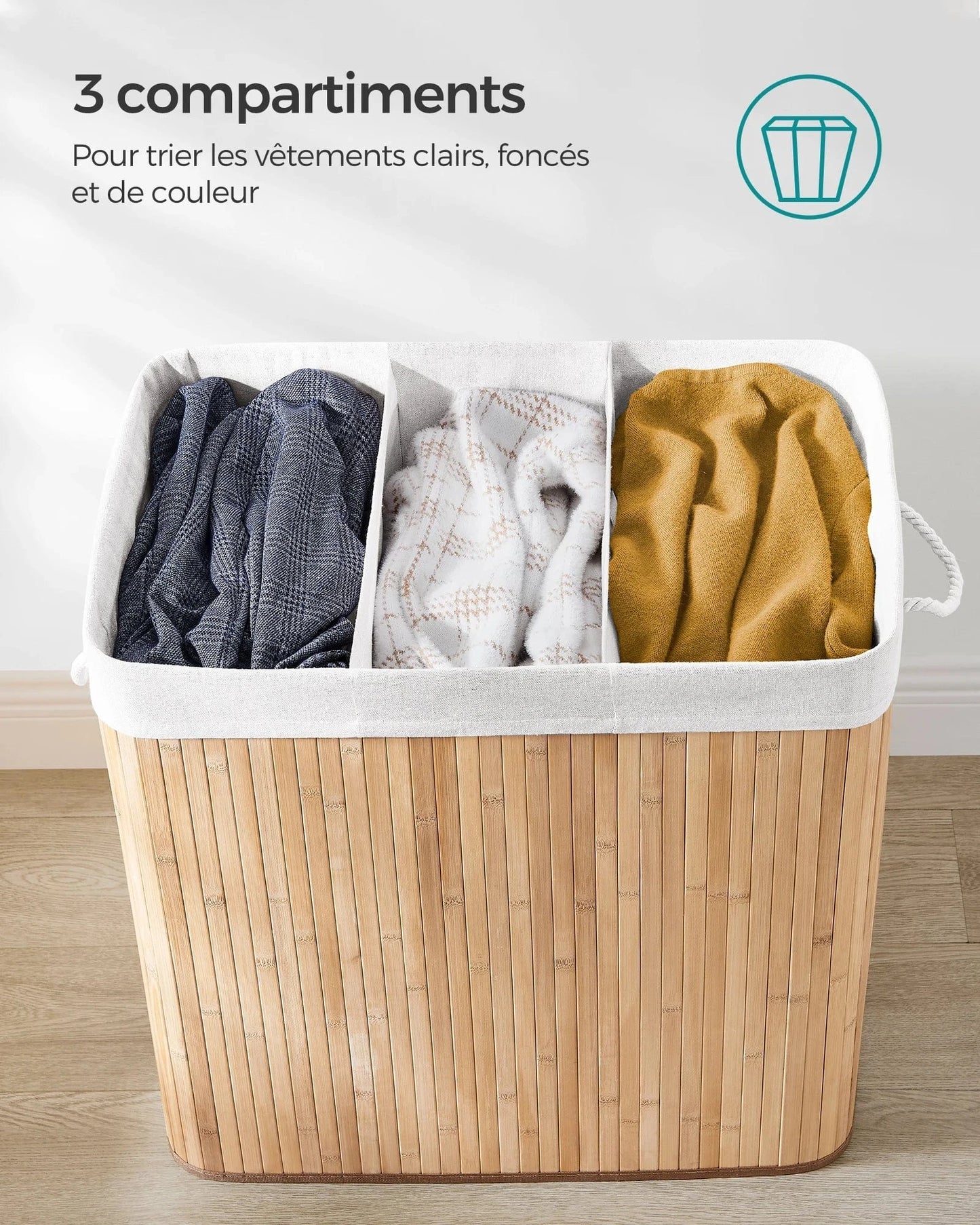 SONGMICS Laundry Basket, 150 L Laundry Basket, 3 Compartments Sorting Compartments, Bamboo Lid, Handles, Foldable
