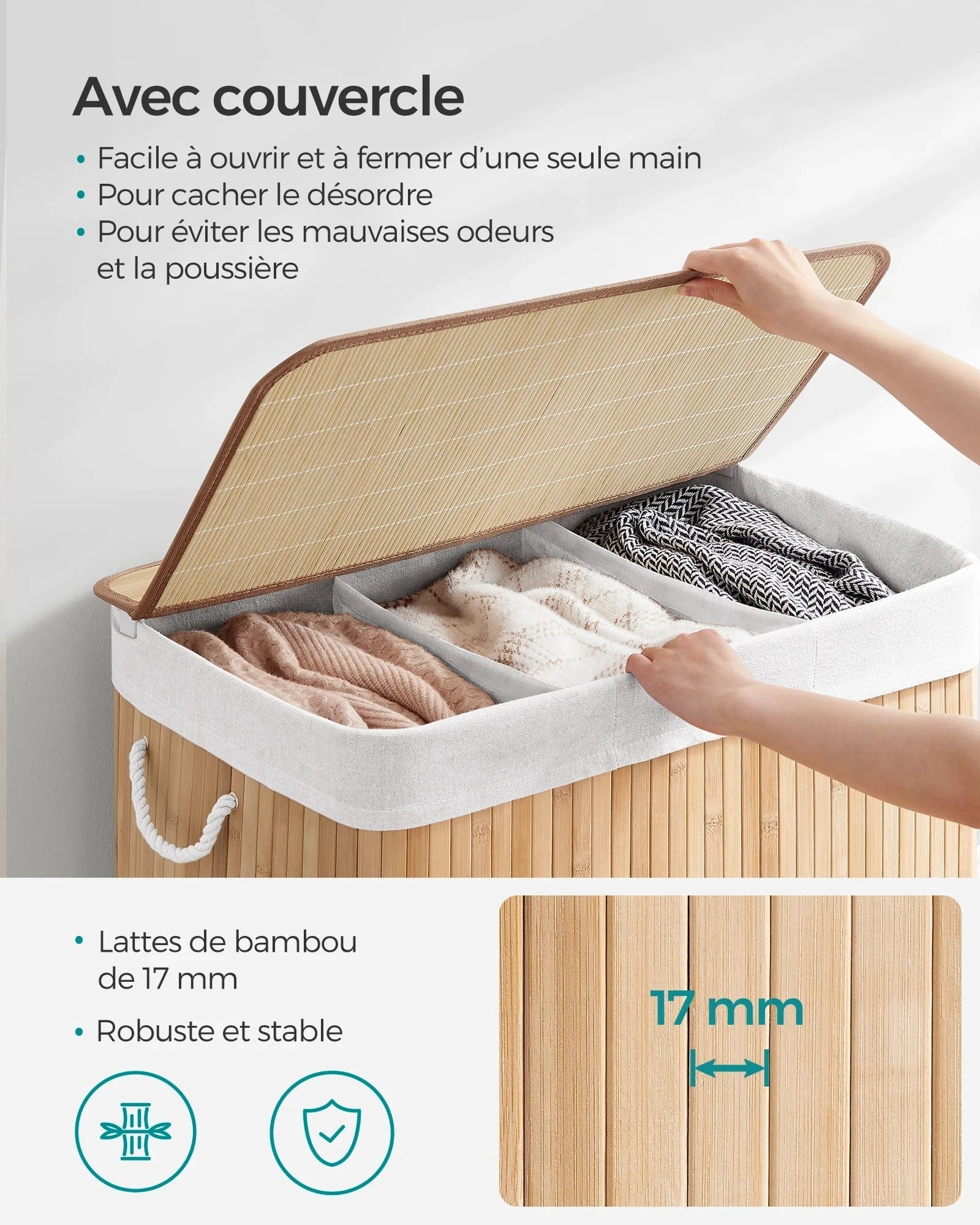 SONGMICS Laundry Basket, 150 L Laundry Basket, 3 Compartments Sorting Compartments, Bamboo Lid, Handles, Foldable