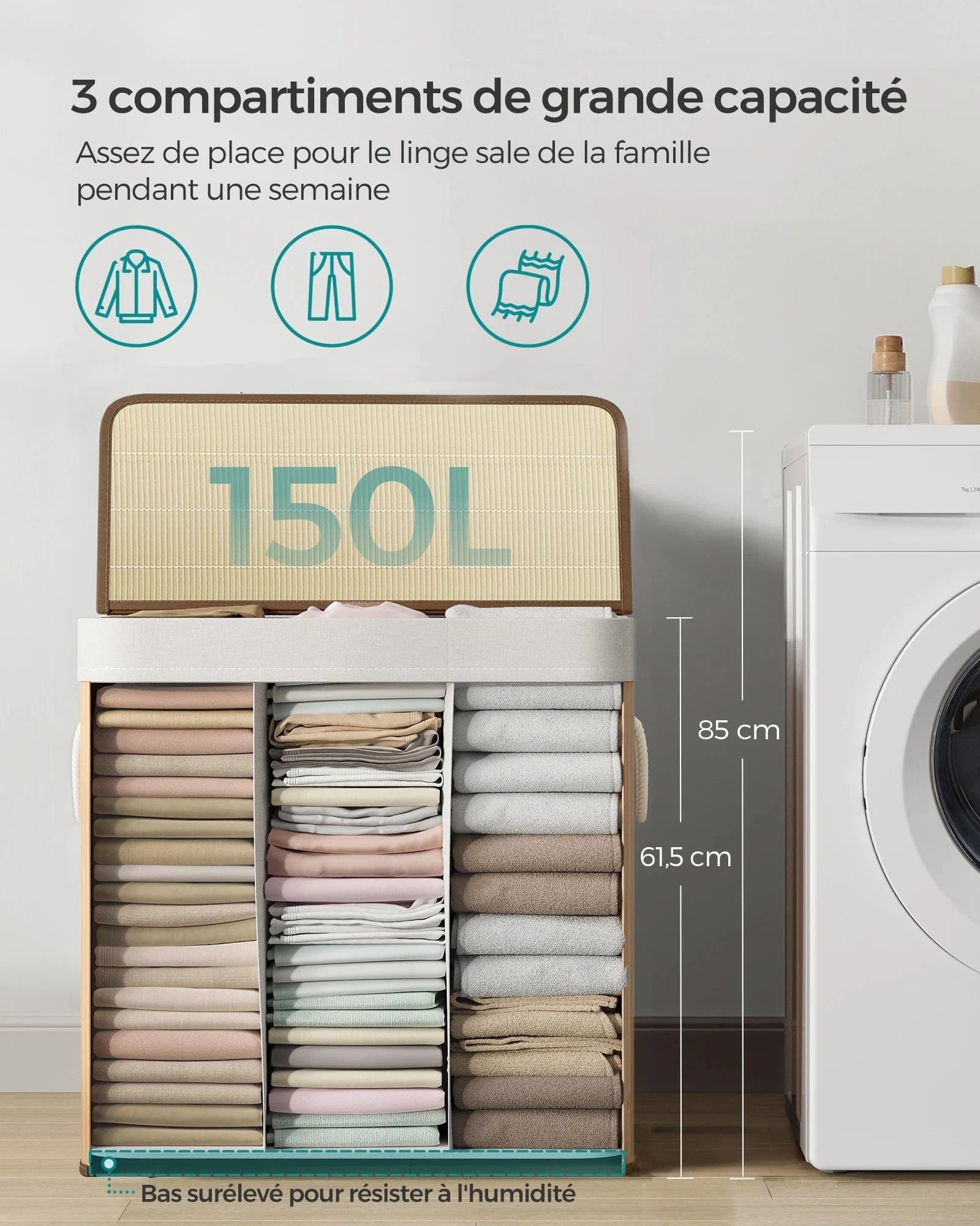 SONGMICS Laundry Basket, 150 L Laundry Basket, 3 Compartments Sorting Compartments, Bamboo Lid, Handles, Foldable