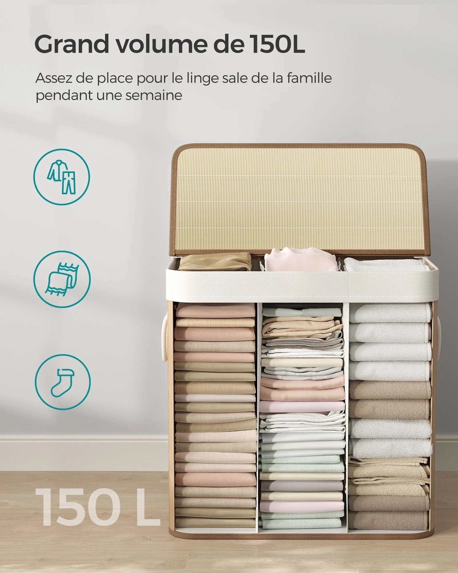 SONGMICS Laundry Basket, 150 L Laundry Basket, 3 Compartments Sorting Compartments, Bamboo Lid, Handles, Foldable