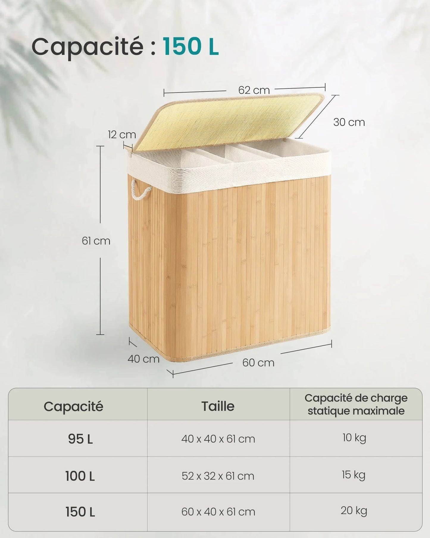 SONGMICS Laundry Basket, 150 L Laundry Basket, 3 Compartments Sorting Compartments, Bamboo Lid, Handles, Foldable