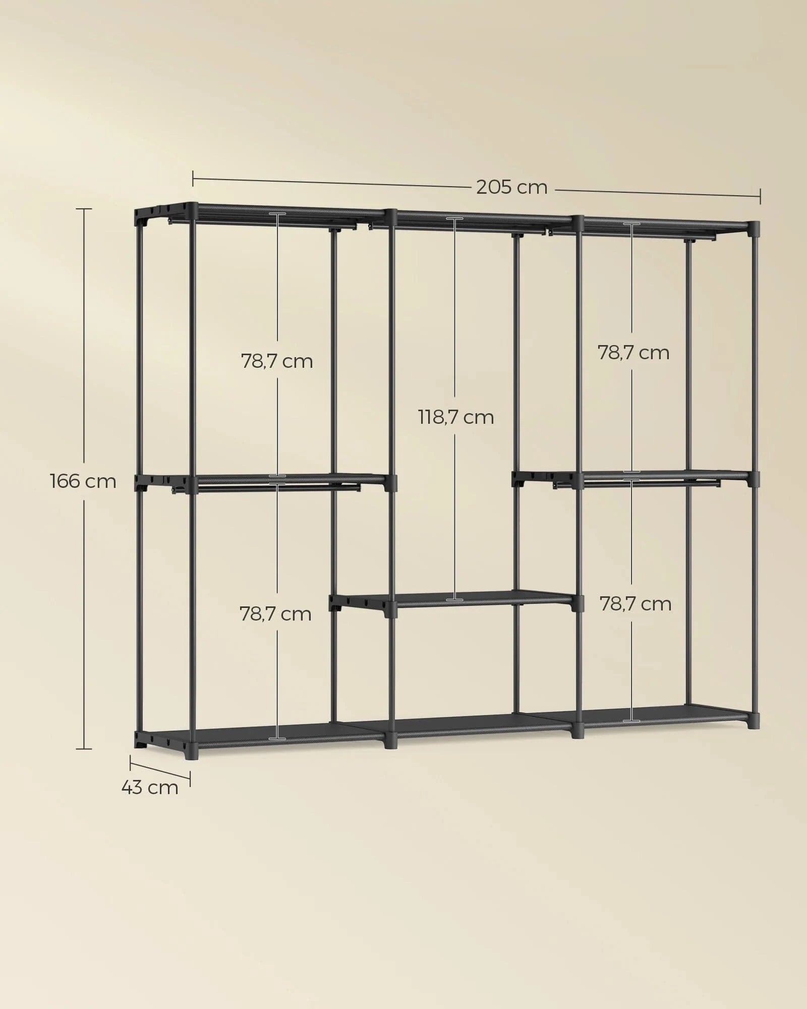 Storage Cabinet, Folding Wardrobe, Dressing Room, Clothes Rack, for Cloakroom, Bedroom, 205 x 43 x 166 cm, Ink Black black / GERMANY