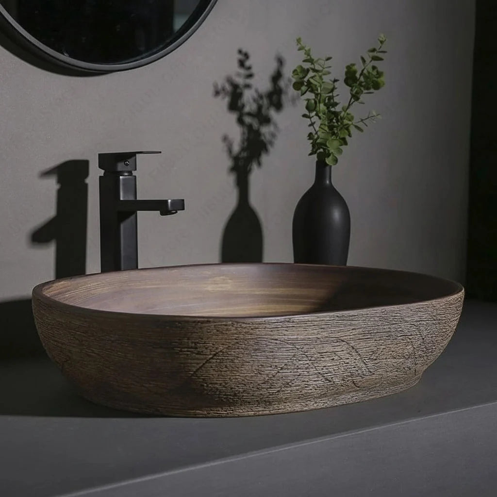 Lattato Vasque à Poser Ovale, Céramique Effet Bois