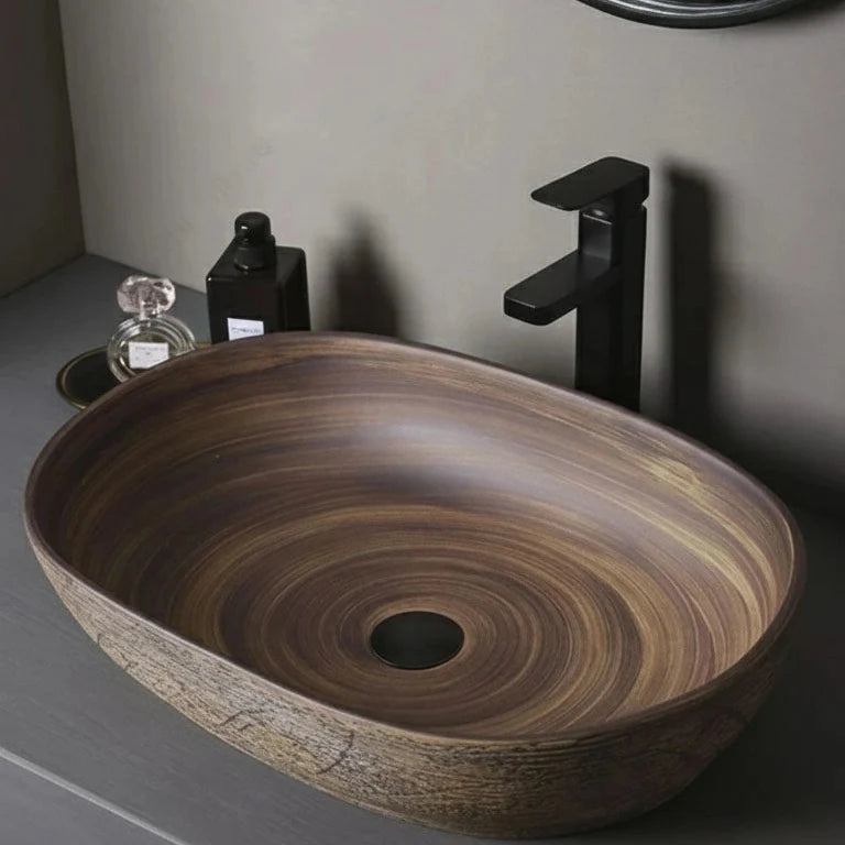 Lattato Vasque à Poser Ovale, Céramique Effet Bois