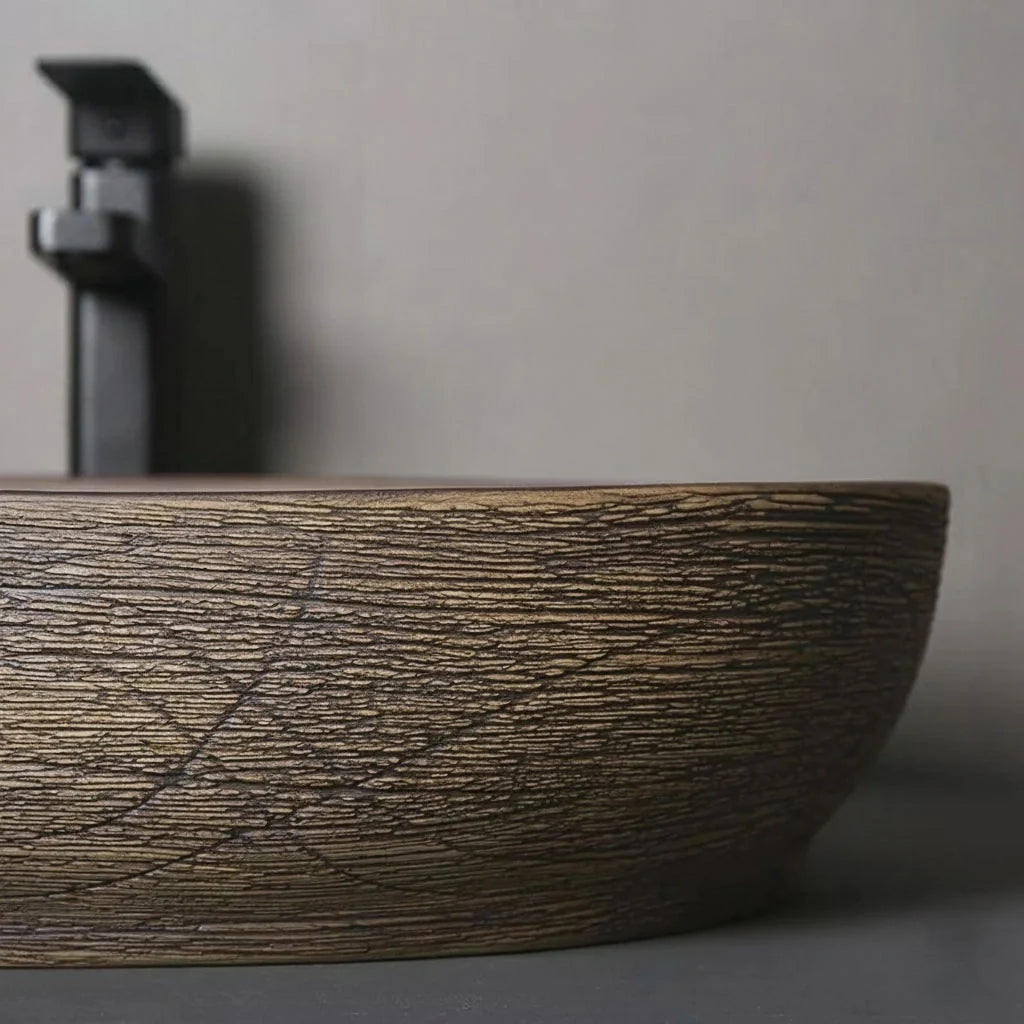 Lattato Vasque à Poser Ovale, Céramique Effet Bois