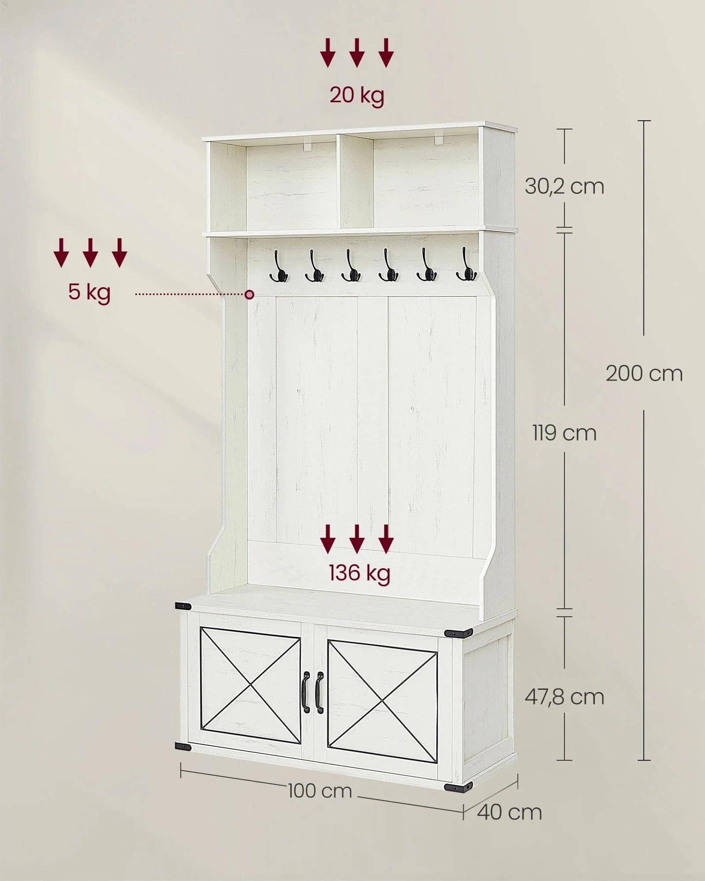 Vestiaire porte manteau avec banc et armoire à chaussures blanc rustique Blanc