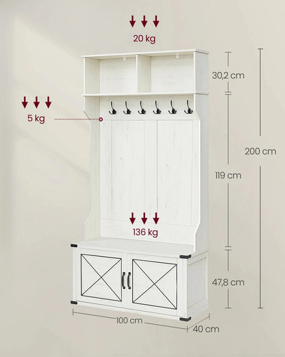 Vestiaire porte manteau avec banc et armoire à chaussures blanc rustique Blanc