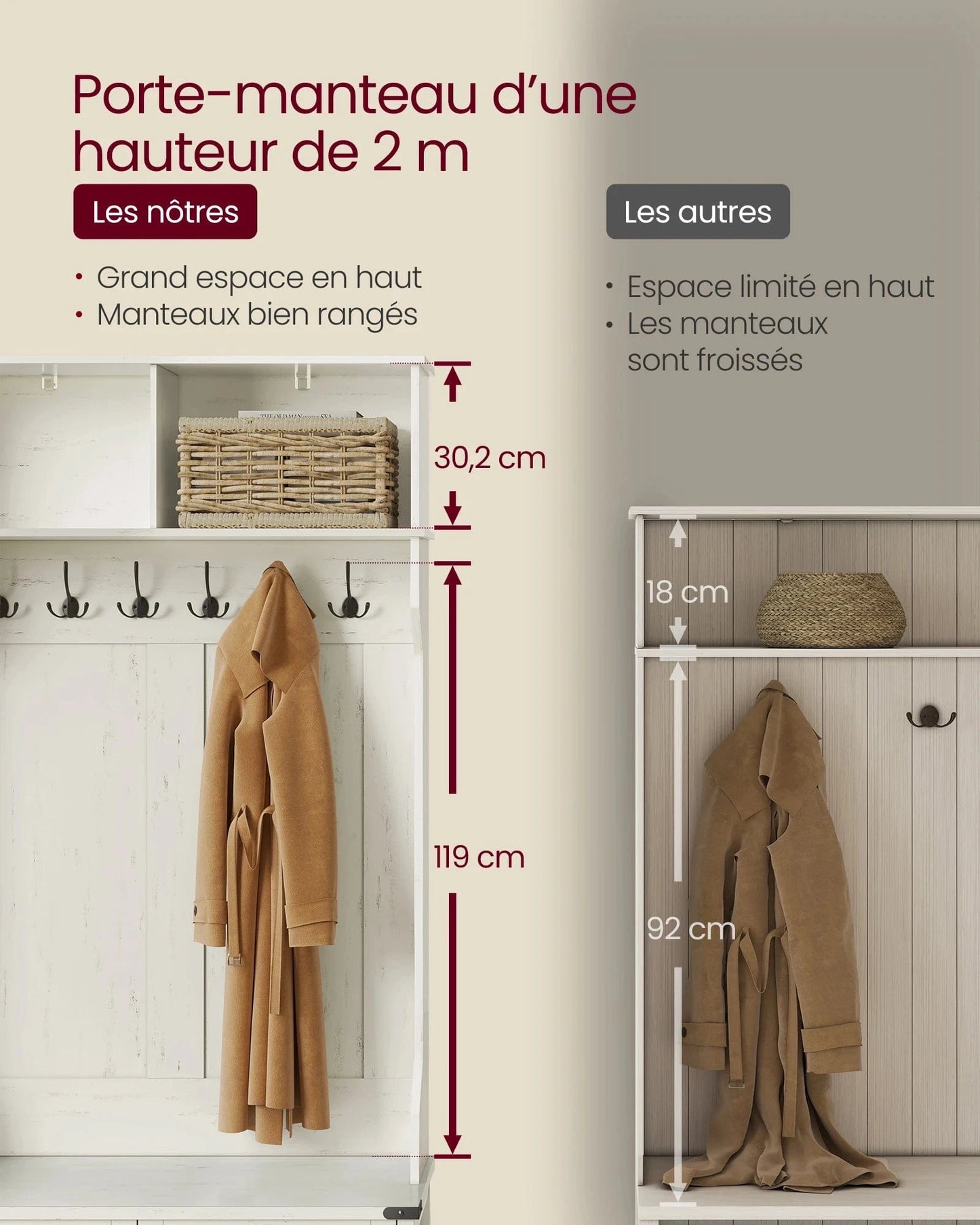 Vestiaire porte manteau avec banc et armoire à chaussures blanc rustique Blanc