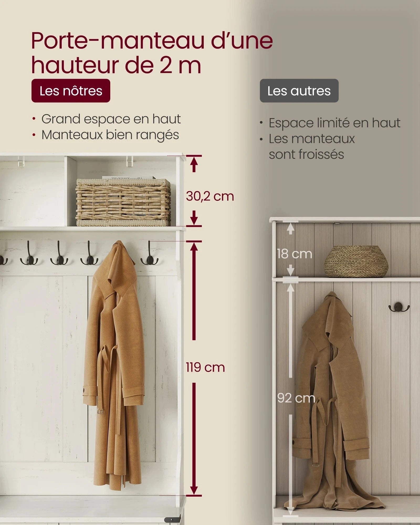 Vestiaire porte manteau avec banc et armoire à chaussures blanc rustique Blanc