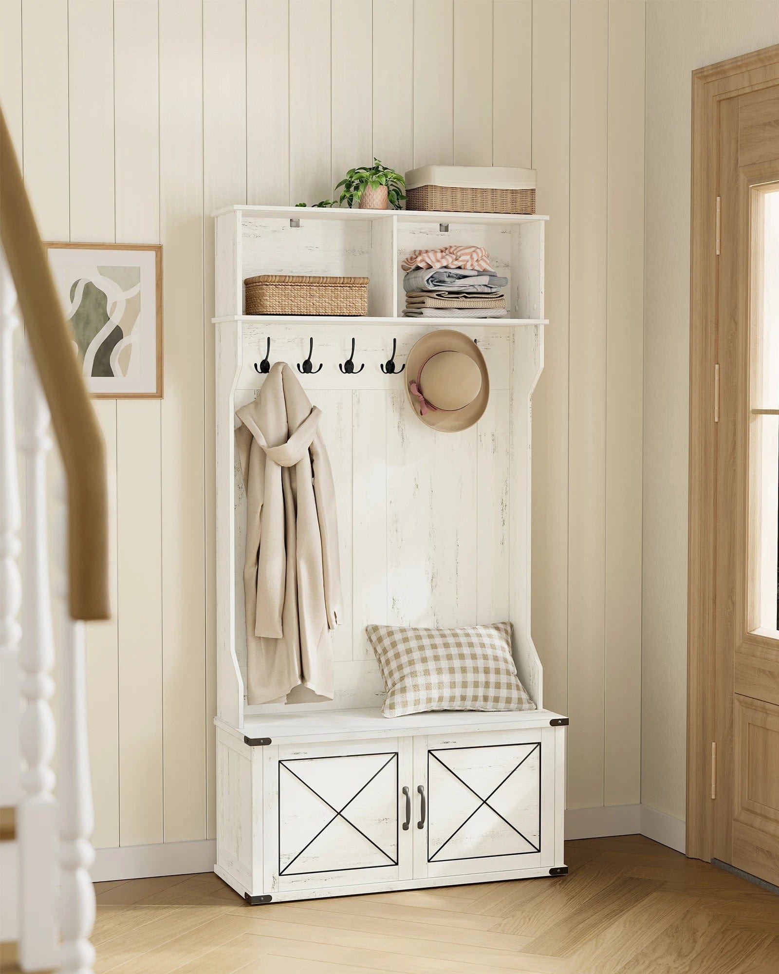 Vestiaire porte manteau avec banc et armoire à chaussures blanc rustique Blanc