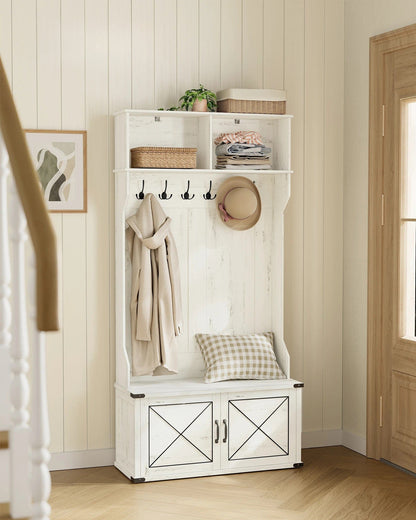 Vestiaire porte manteau avec banc et armoire à chaussures blanc rustique Blanc