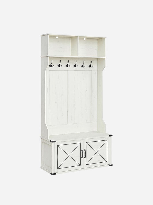 Vestiaire porte manteau avec banc et armoire à chaussures blanc rustique Blanc