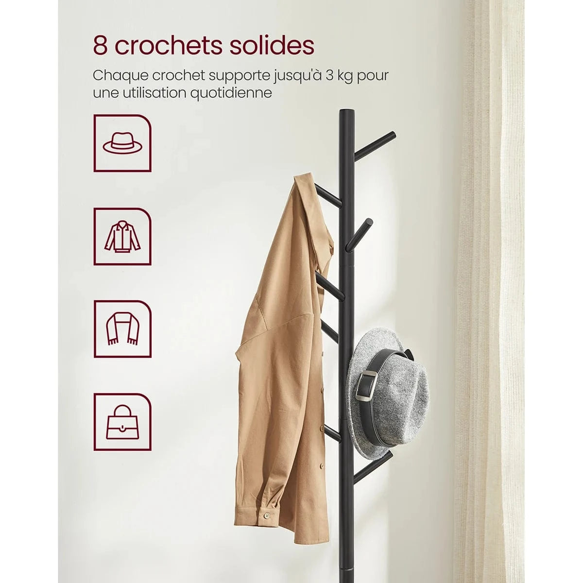 Wooden Coat Rack with 8 Hooks, 3 Adjustable Heights, Tree Shape, Wood/Black