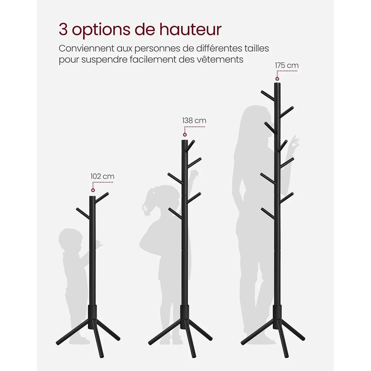 Wooden Coat Rack with 8 Hooks, 3 Adjustable Heights, Tree Shape, Wood/Black