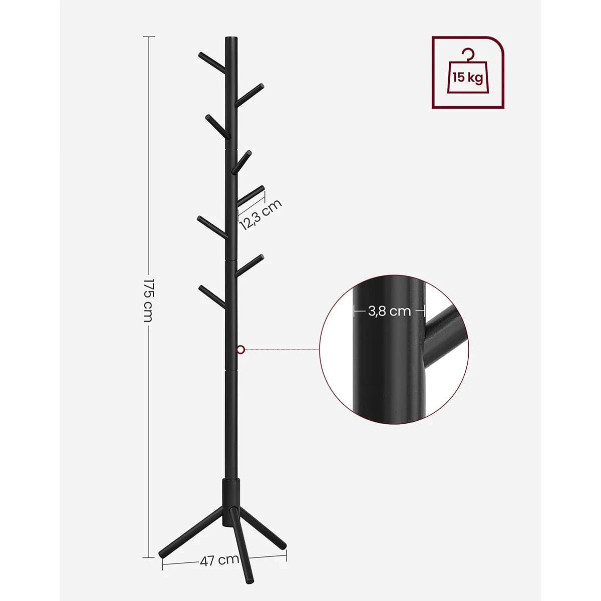 Wooden Coat Rack with 8 Hooks, 3 Adjustable Heights, Tree Shape, Wood/Black